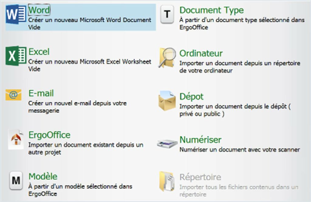 Options de création de documents dans ErgoOffice