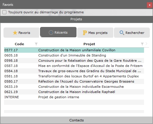 Fenêtre des favoris d'ErgoOffice